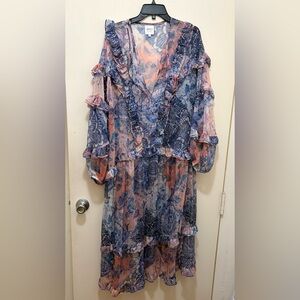 Misa Persephone Sheer Floral Ruffle Midi Dress in Pink and Blue